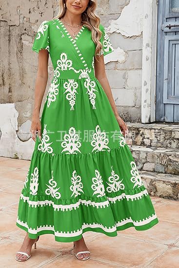 CD | Rochie maxi pentru femei - croială boemă - imprimeu floral - decolteu în V - mâneci scurte