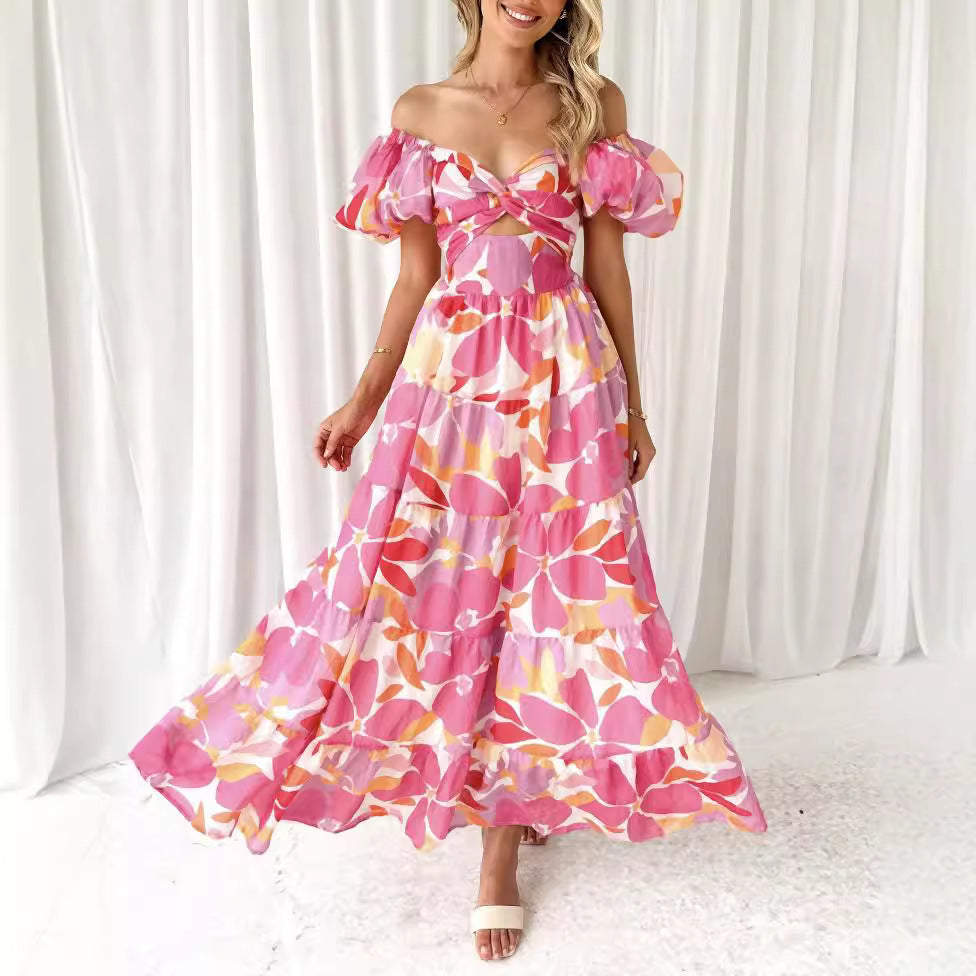 CD | Rochie maxi pentru femei - Bumbac ușor - Mâneci bufante - Piept încrețit - Croială fluidă
