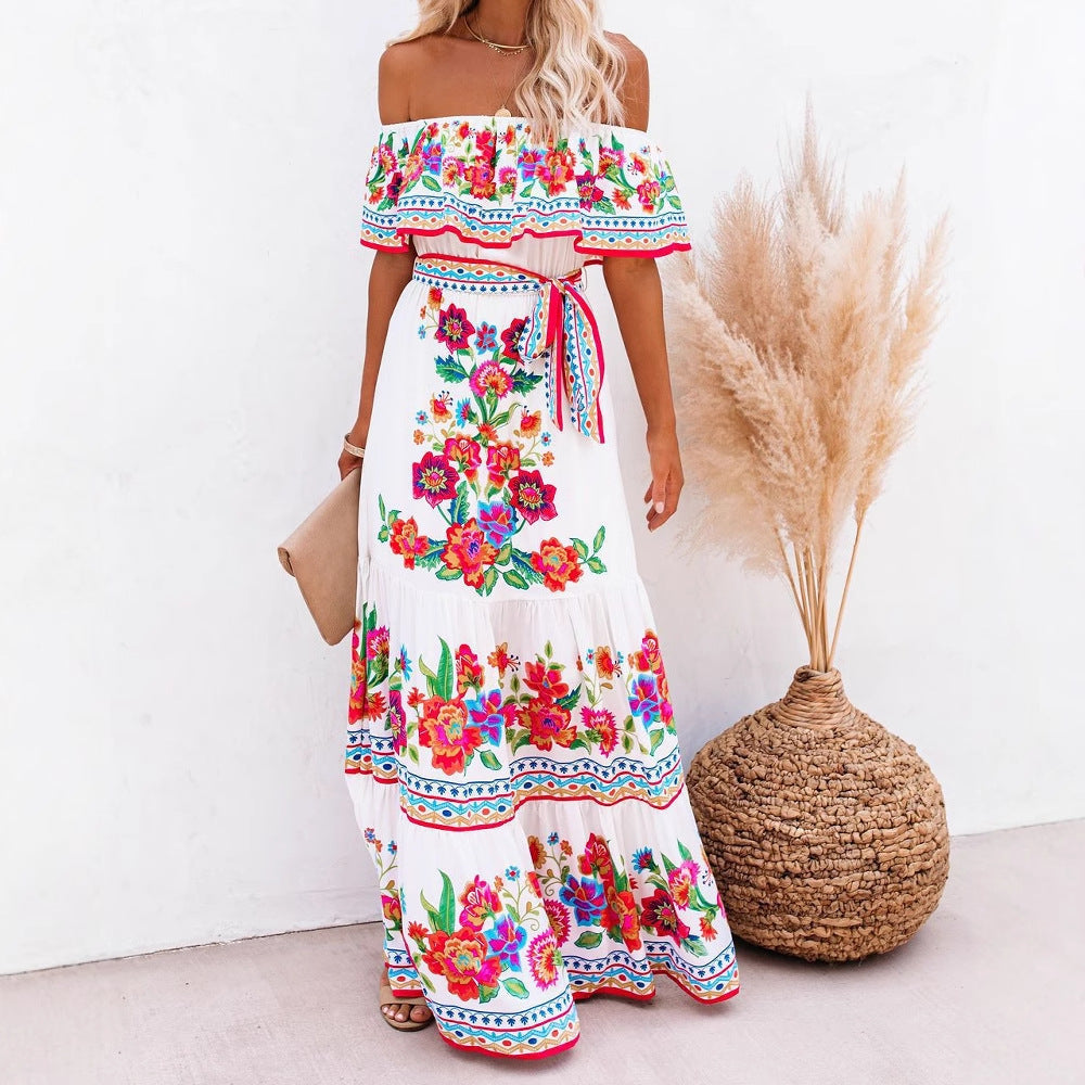 CD | Rochie maxi pentru femei - top cu volane pe umeri - imprimeu floral - amestec de bumbac - cu centură
