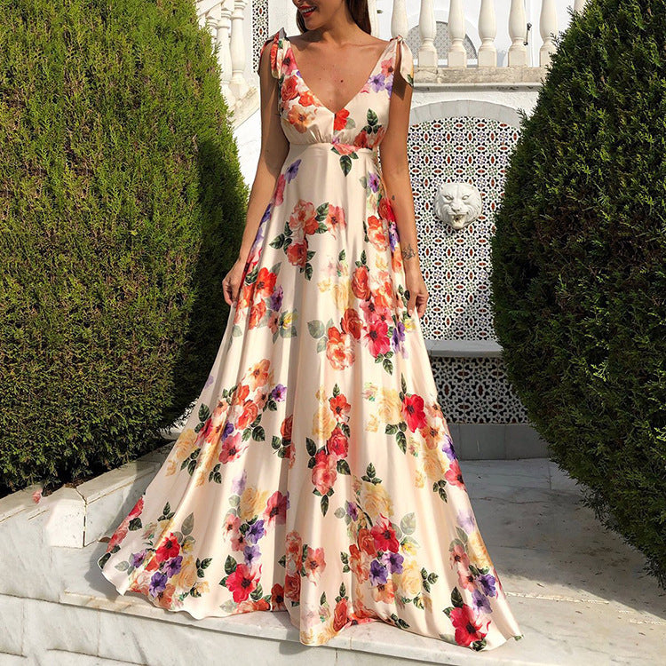 CD | Rochie maxi pentru femei - Imprimeu floral - Decolteu rotund - Fără mâneci - Spatele deschis - Croială fluidă