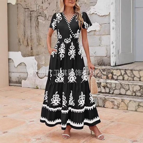 CD | Rochie maxi pentru femei - croială boemă - imprimeu floral - decolteu în V - mâneci scurte