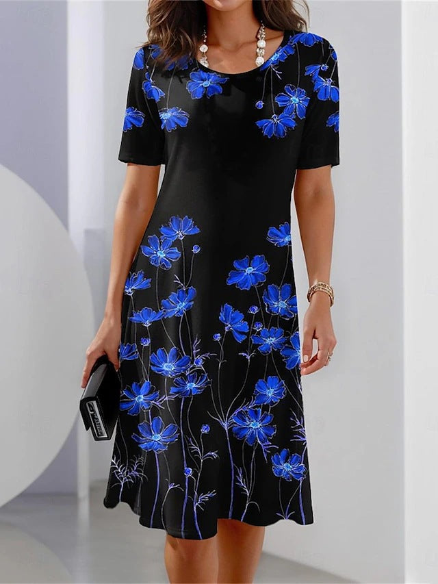 CD | Rochie din in cu mânecă scurtă, cu imprimeu floral