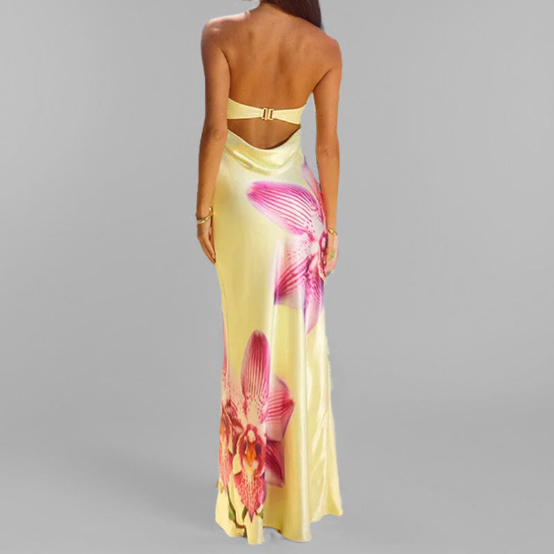 CD | Rochie maxi pentru femei - fără bretele - slim fit - imprimeu floral - țesătură ușoară, elegantă
