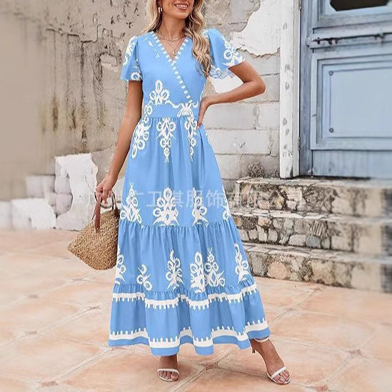 CD | Rochie maxi pentru femei - croială boemă - imprimeu floral - decolteu în V - mâneci scurte