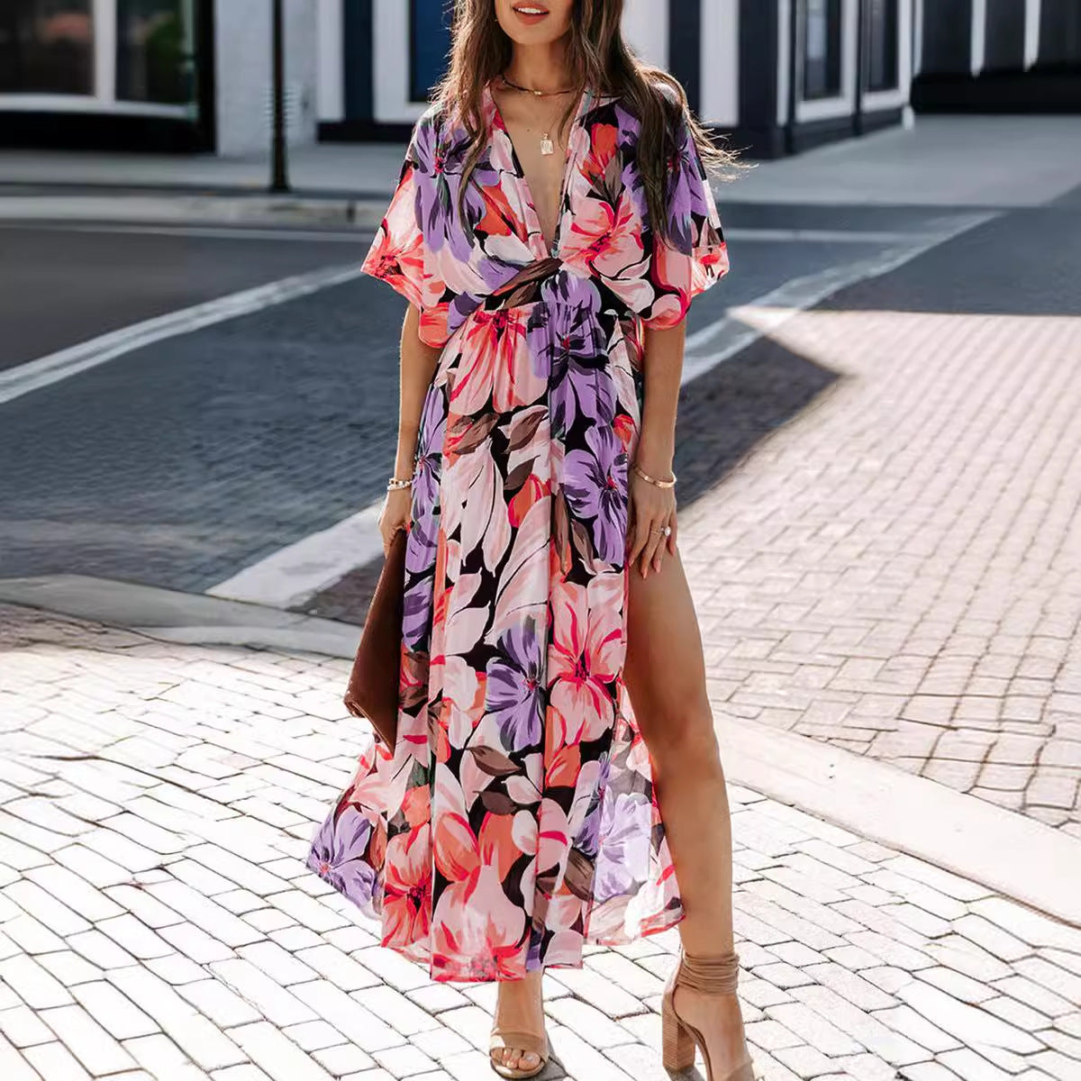 CD | Rochie maxi pentru femei - imprimeu floral - decolteu în V - talie înaltă - fantă laterală - mâneci scurte