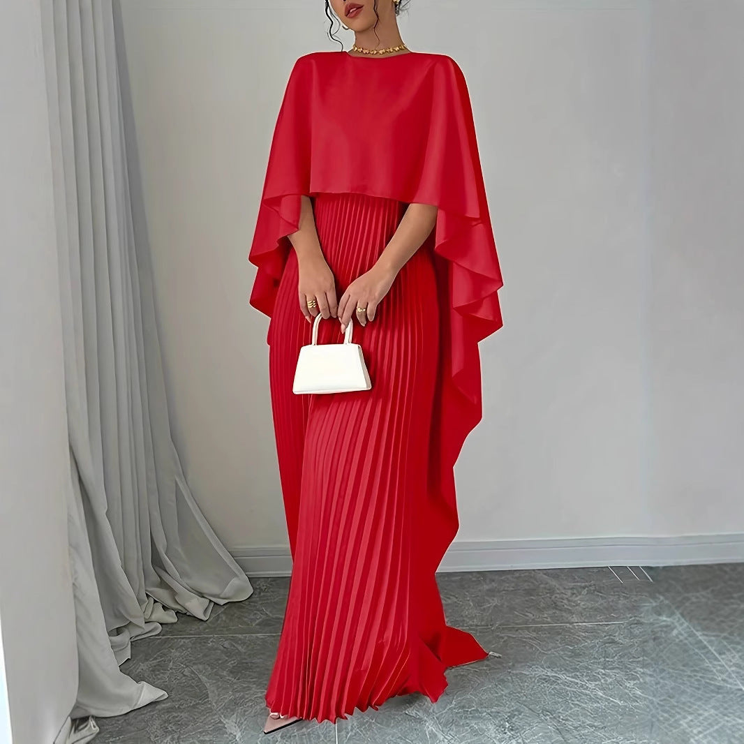 CD | Rochie maxi pentru femei - Decolteu înalt - Mâneci batwing - Fustă plisată - Croială fluidă
