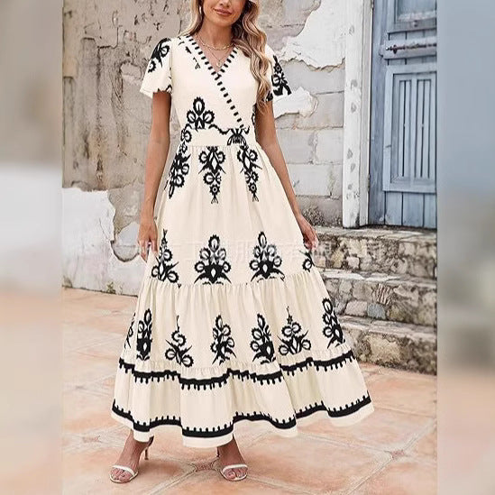 CD | Rochie maxi pentru femei - croială boemă - imprimeu floral - decolteu în V - mâneci scurte