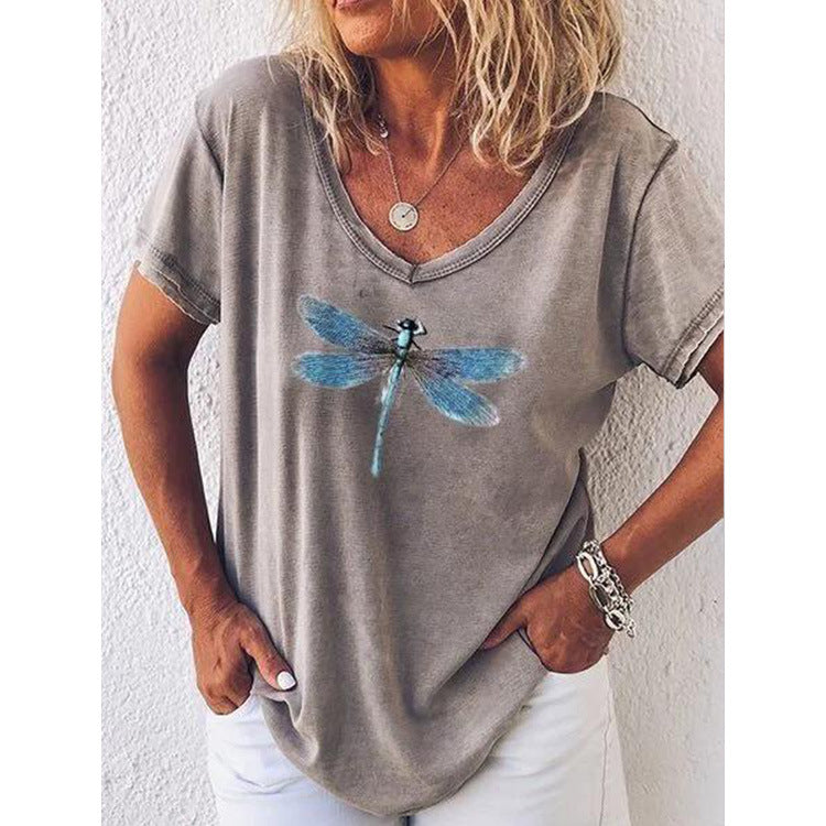 CD | Tricou casual cu decolteu V și mâneci scurte cu motiv libelulă