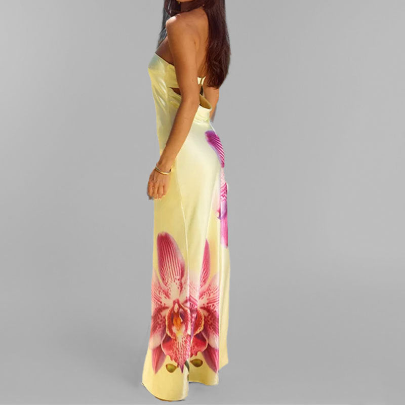CD | Rochie maxi pentru femei - fără bretele - slim fit - imprimeu floral - țesătură ușoară, elegantă