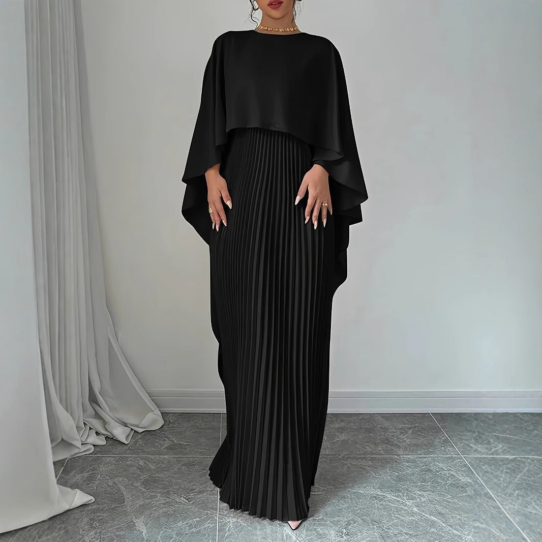 CD | Rochie maxi pentru femei - Decolteu înalt - Mâneci batwing - Fustă plisată - Croială fluidă