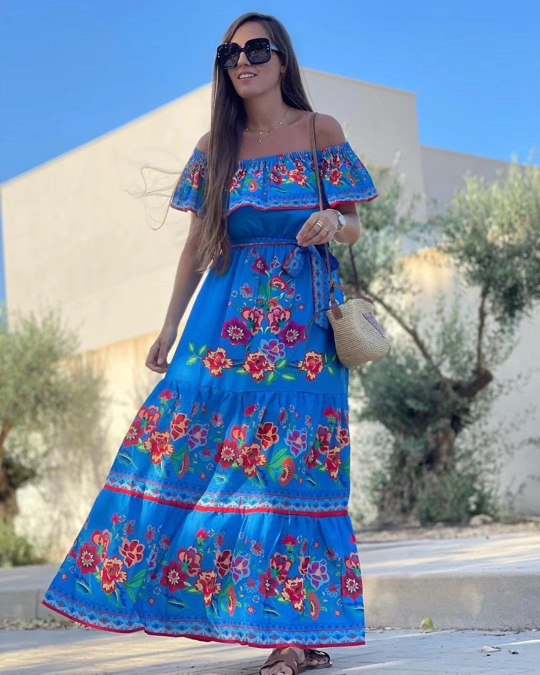 CD | Rochie maxi pentru femei - top cu volane pe umeri - imprimeu floral - amestec de bumbac - cu centură