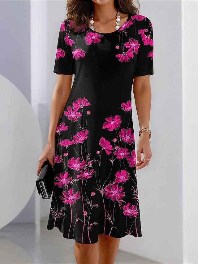 CD | Rochie din in cu mânecă scurtă, cu imprimeu floral