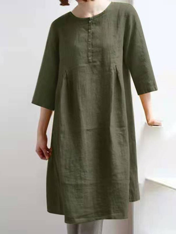 CD | Retro bumbac lenjerie solid plisat jumătate maneca Mini rochie