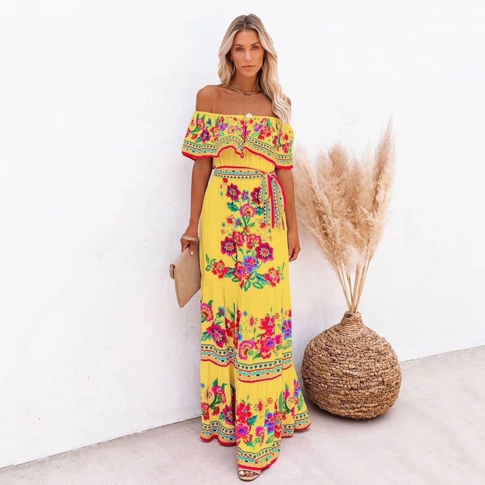 CD | Rochie maxi pentru femei - decolteu cu volane pe umeri - imprimeu floral - fustă cu cravată - curea în talie