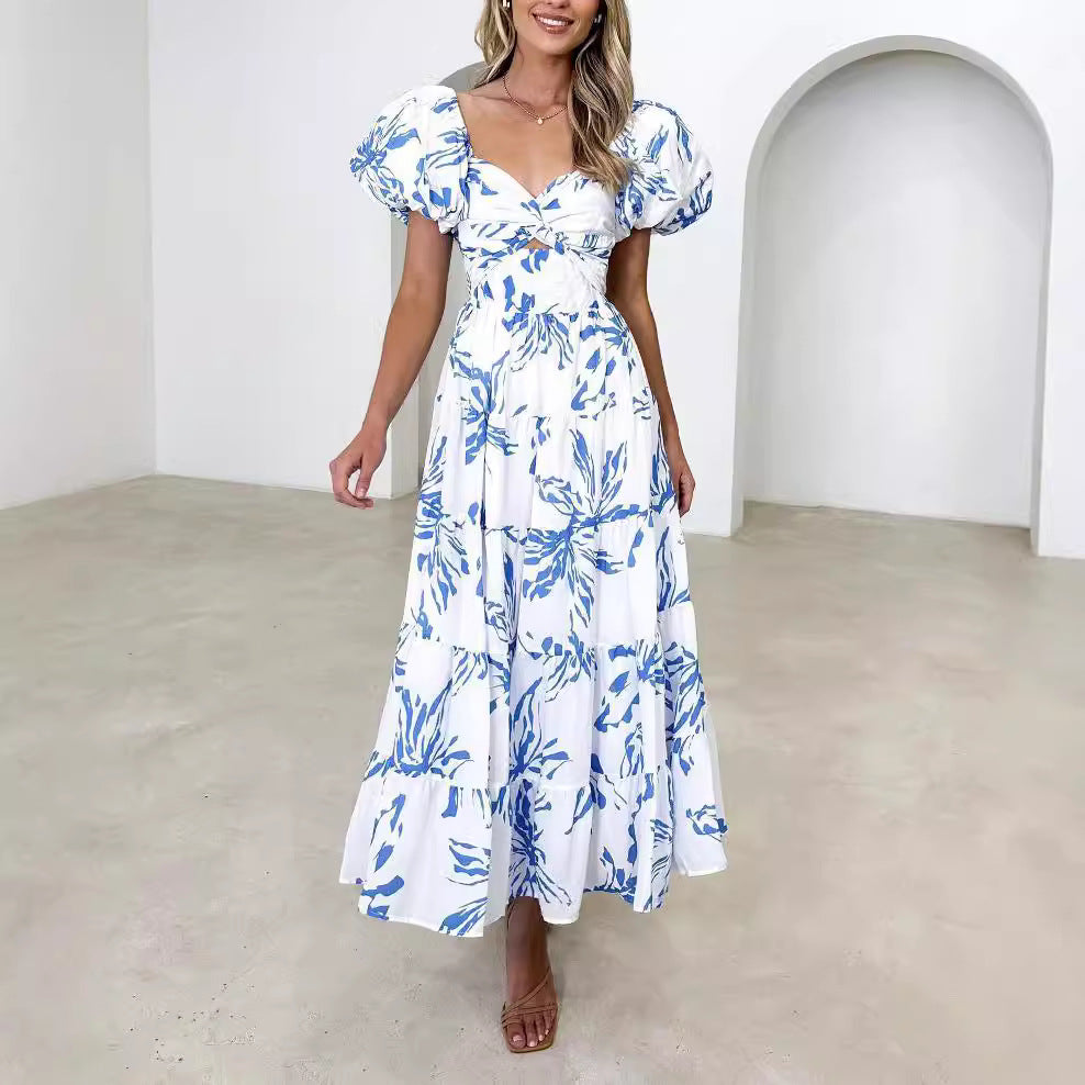 CD | Rochie maxi pentru femei - Bumbac ușor - Mâneci bufante - Piept încrețit - Croială fluidă