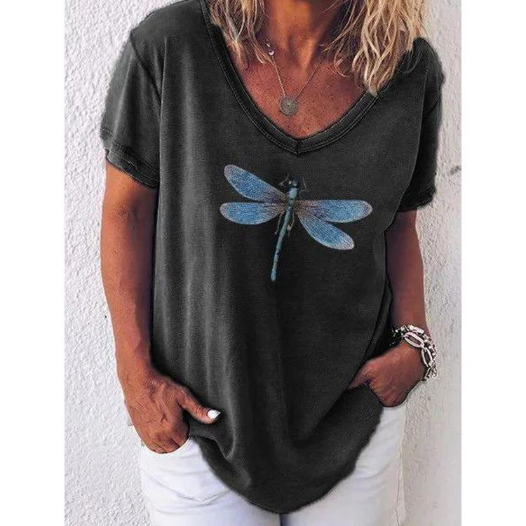 CD | Tricou casual cu decolteu V și mâneci scurte cu motiv libelulă