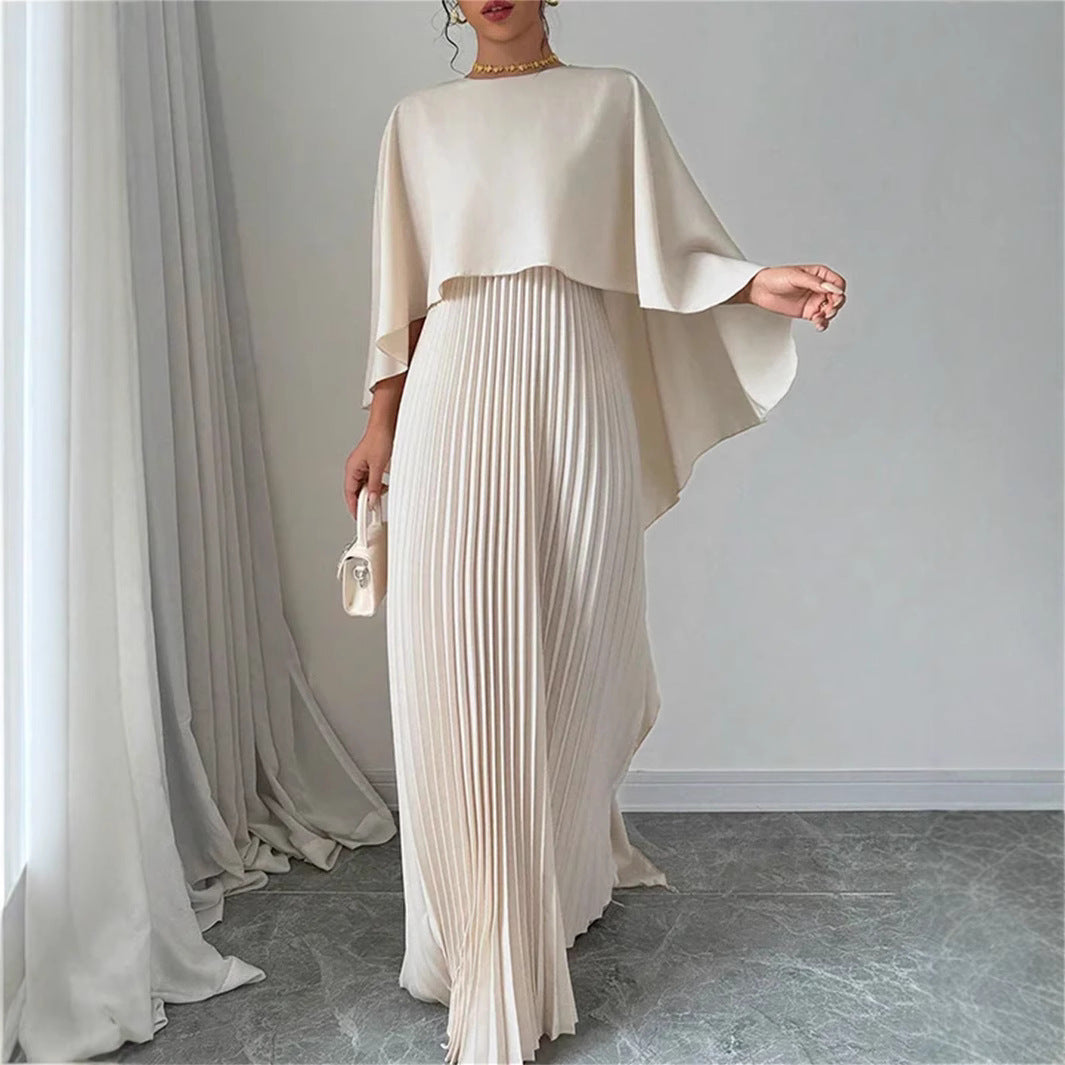CD | Rochie maxi pentru femei - Decolteu înalt - Mâneci batwing - Fustă plisată - Croială fluidă