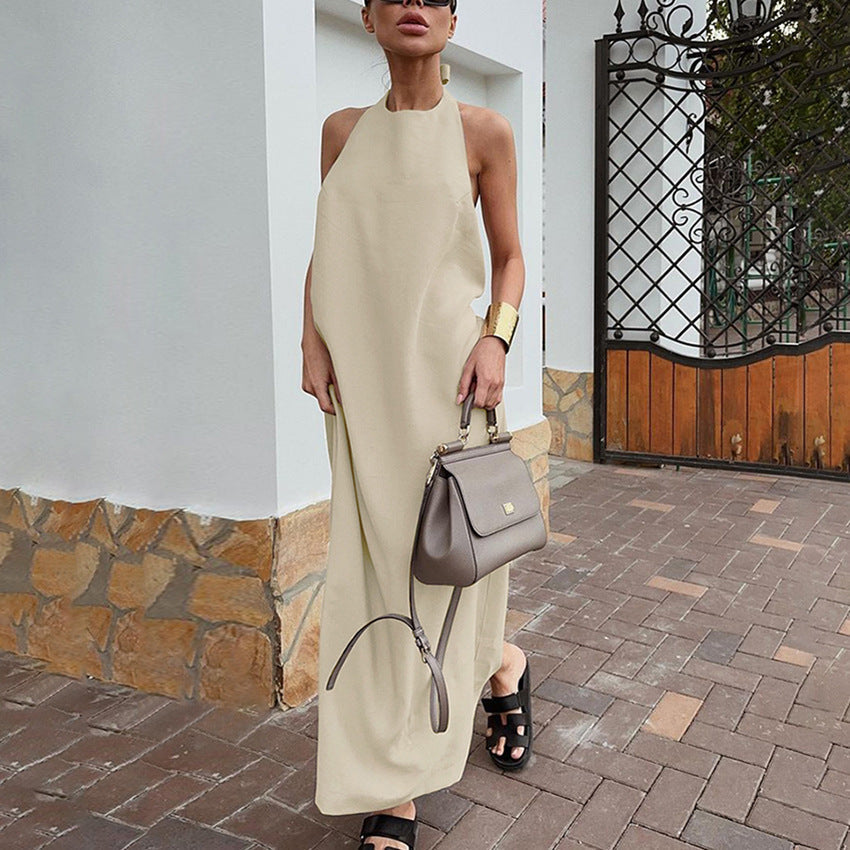 CD | Rochie maxi halter pentru femei - amestec de bumbac și in - croială lejeră - design fluid și minimalist