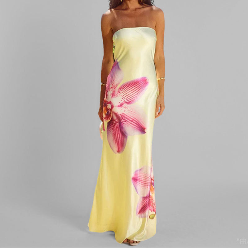 CD | Rochie maxi pentru femei - fără bretele - slim fit - imprimeu floral - țesătură ușoară, elegantă