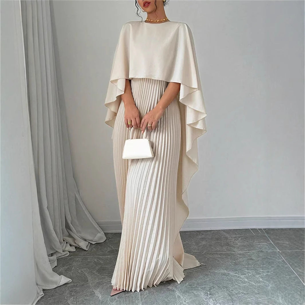 CD | Rochie maxi pentru femei - Decolteu înalt - Mâneci batwing - Fustă plisată - Croială fluidă