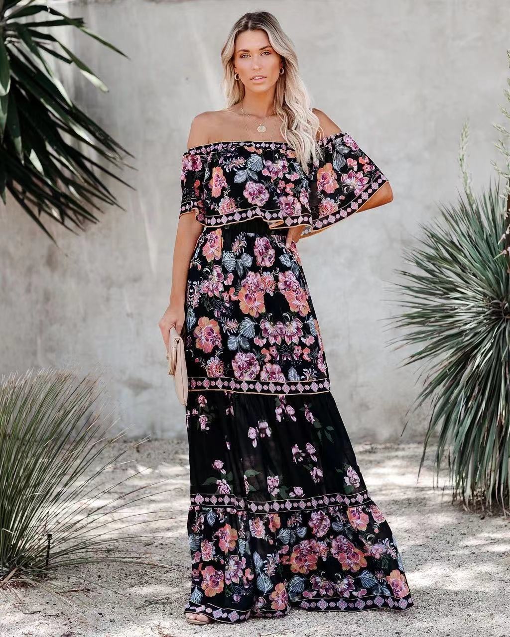 CD | Rochie maxi pentru femei - decolteu cu volane pe umeri - imprimeu floral - fustă cu cravată - curea în talie