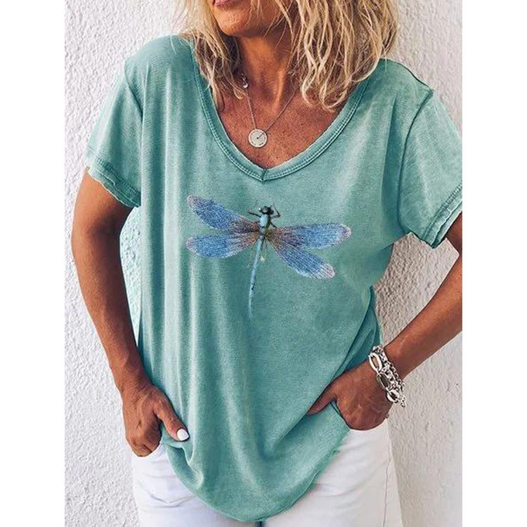 CD | Tricou casual cu decolteu V și mâneci scurte cu motiv libelulă