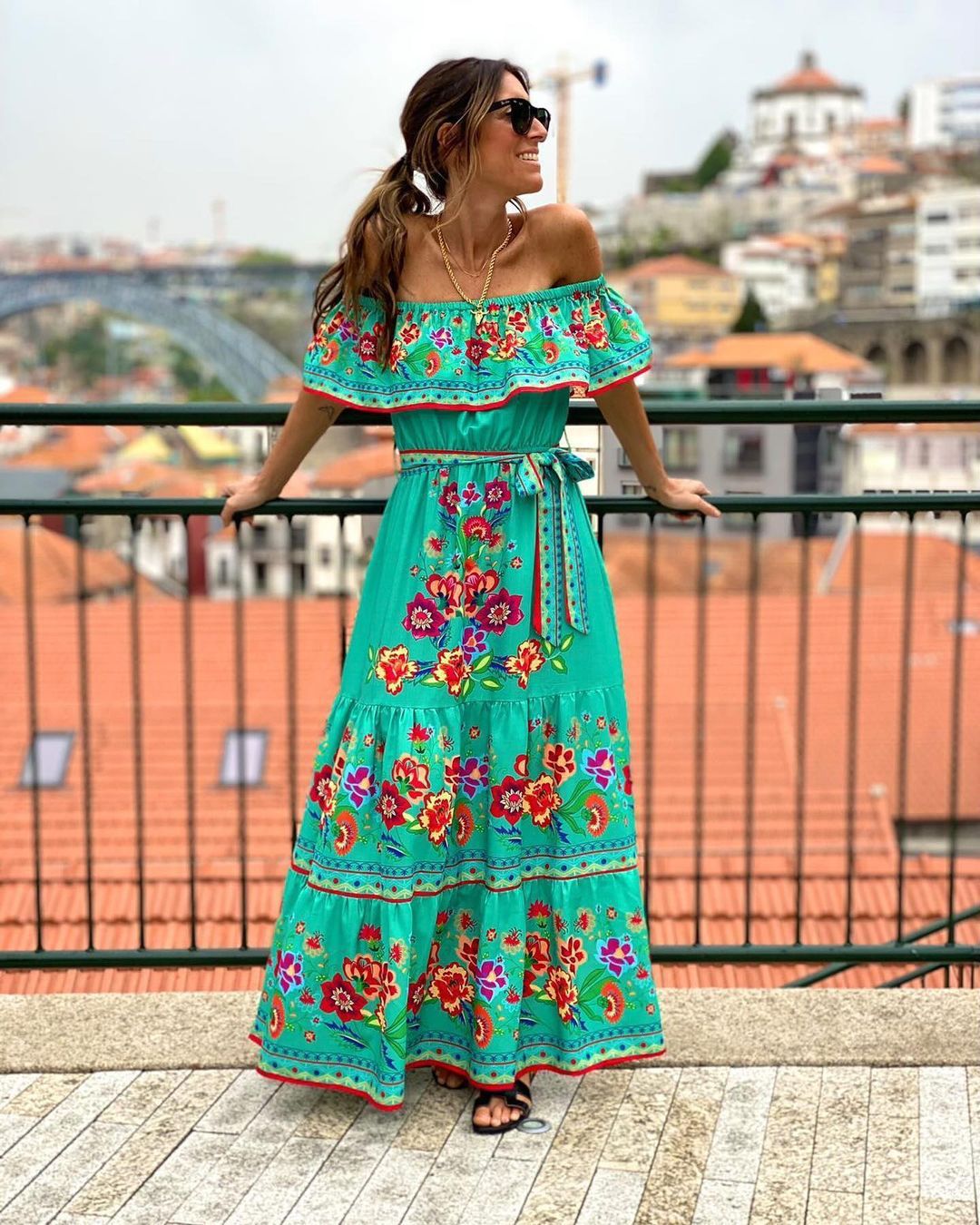 CD | Rochie maxi pentru femei - top cu volane pe umeri - imprimeu floral - amestec de bumbac - cu centură