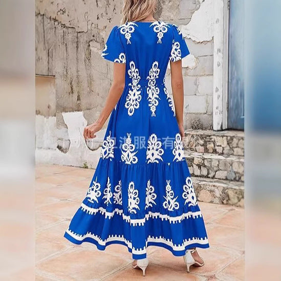 CD | Rochie maxi pentru femei - croială boemă - imprimeu floral - decolteu în V - mâneci scurte