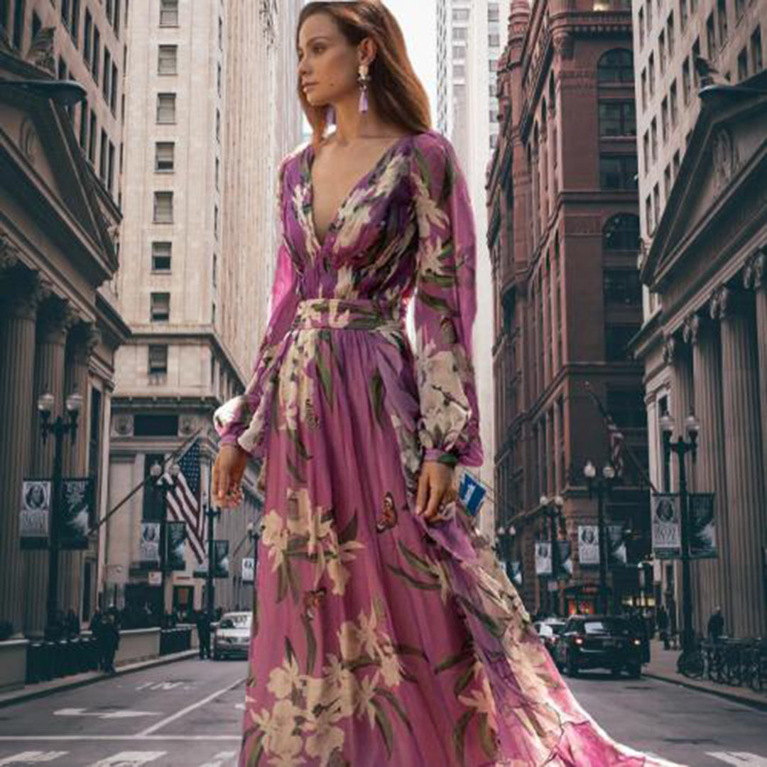 CD | Rochie maxi pentru femei - decolteu în V - fitted - mâneci lungi - design floral ușor