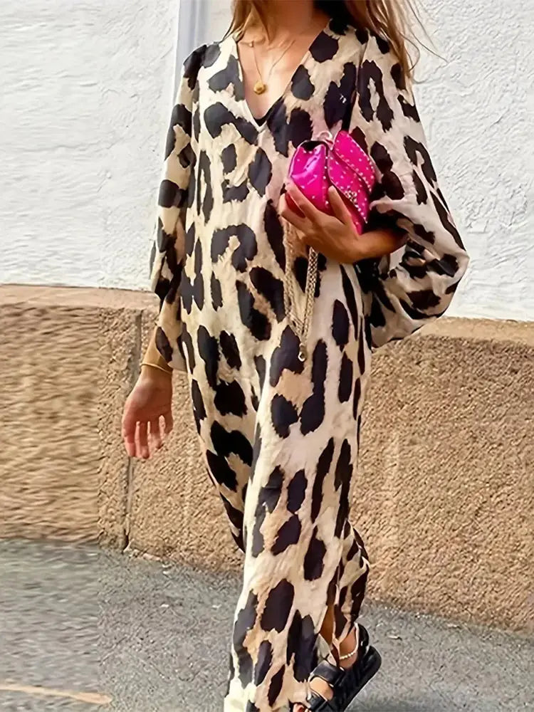 CD | Rochie midi cu imprimeu leopard și mâneci trei sferturi