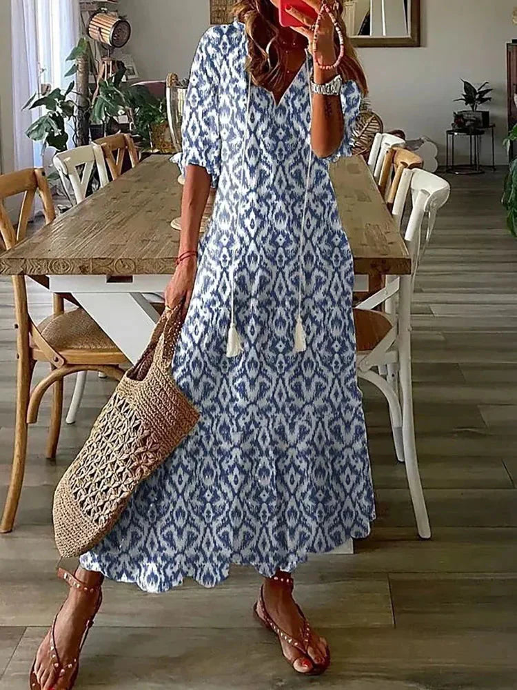 CD | Rochie midi cu model boho și mâneci scurte