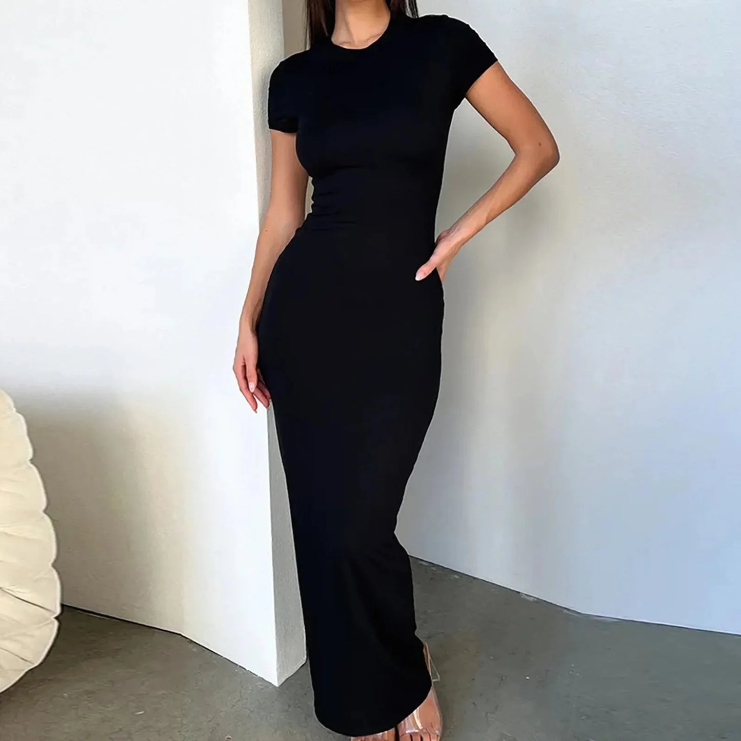 CD | Rochie maxi bodycon cu mâneci scurte