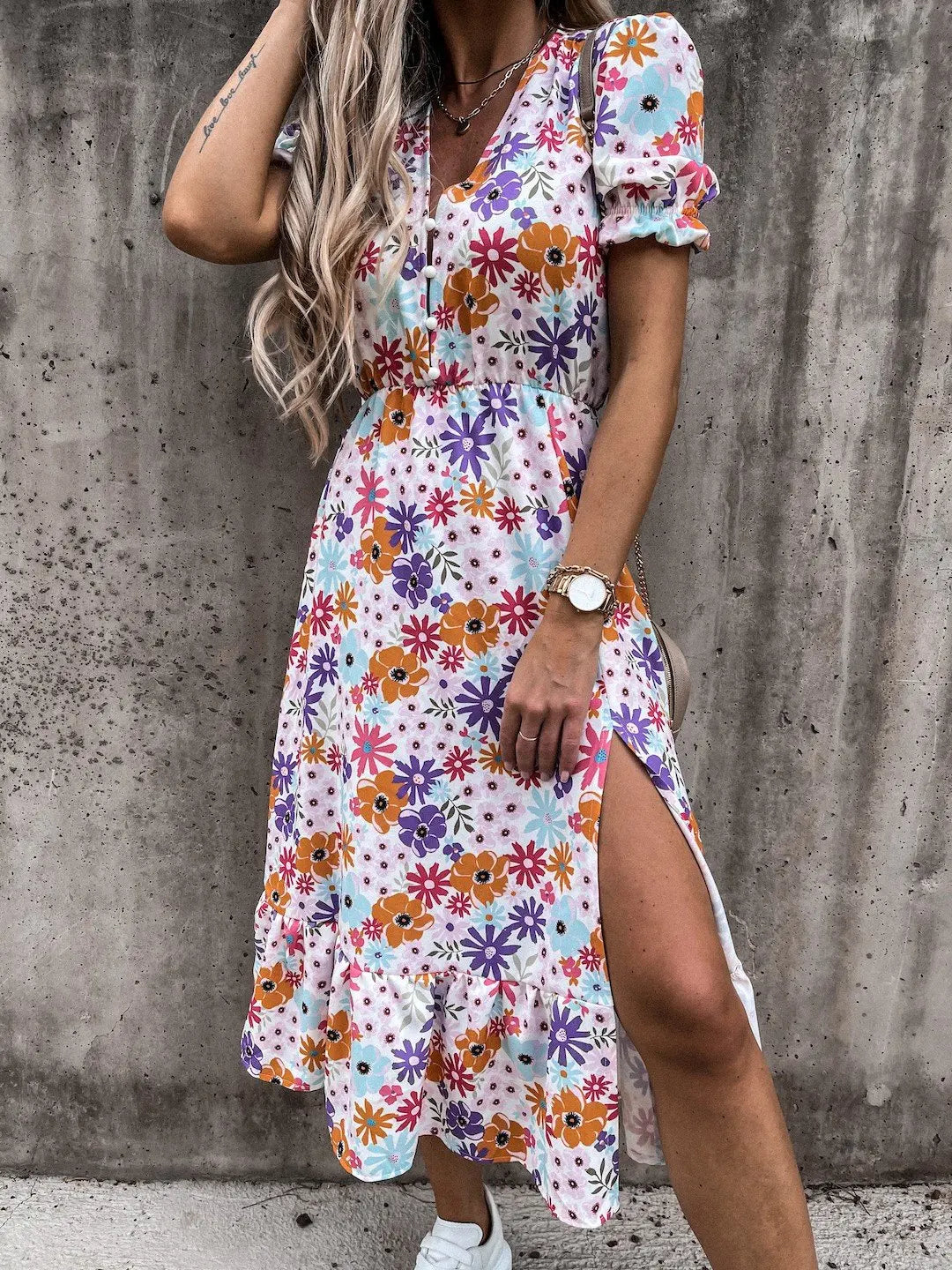 CD - Rochie maxi cu decolteu în V cu model floral