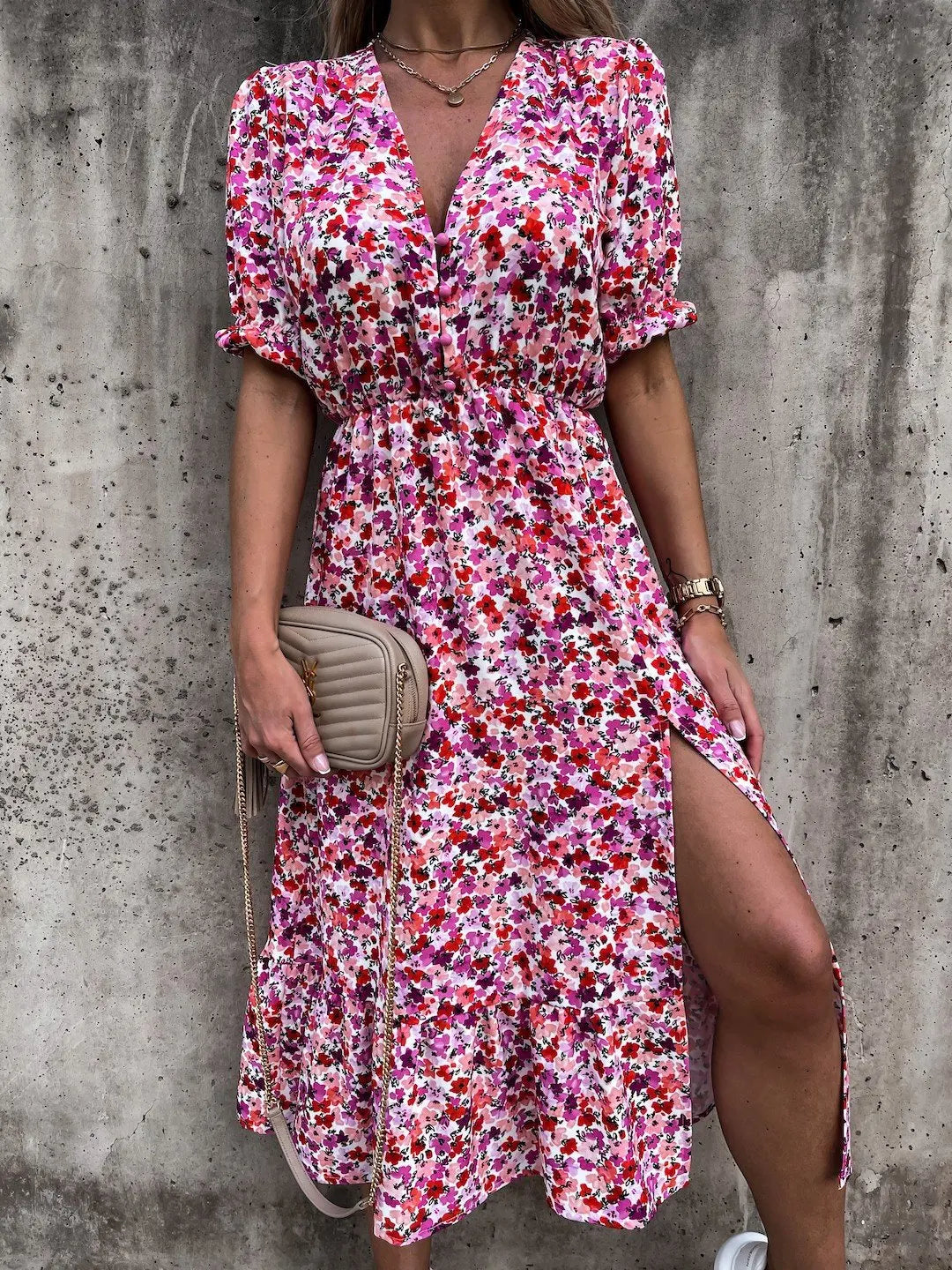 CD - Rochie maxi cu decolteu în V cu model floral