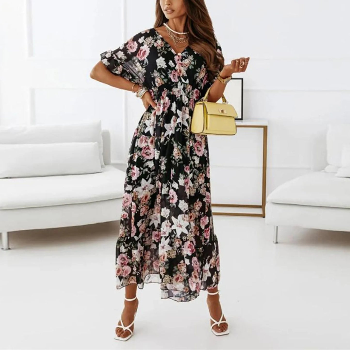 CD - Rochie de vară pentru femei cu model floral și decolteu în V