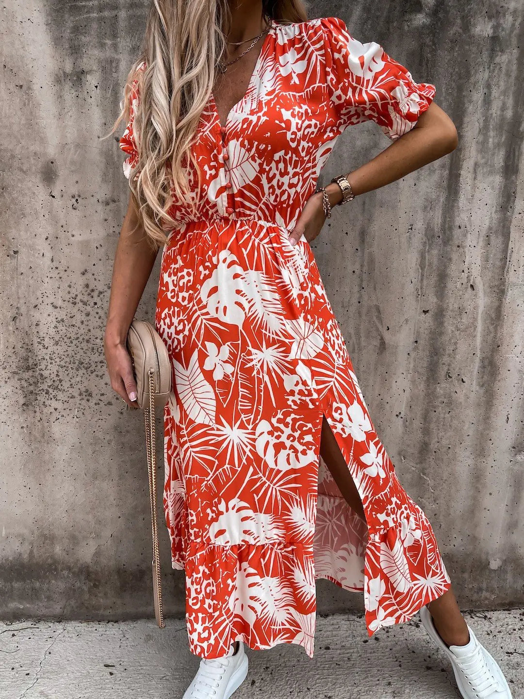 CD - Rochie maxi cu decolteu în V cu model floral