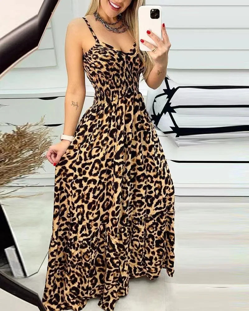 CD | Rochie maxi cu imprimeu leopard și bretele spaghetti