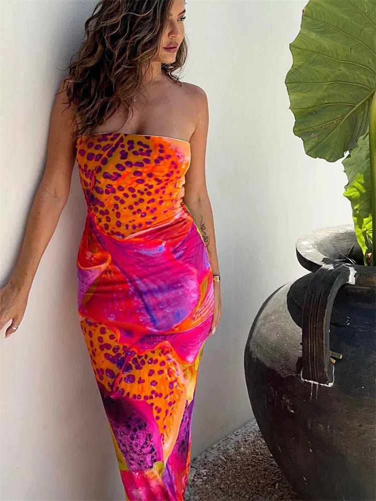 CD | Rochie maxi fără bretele cu imprimeu leopard colorat