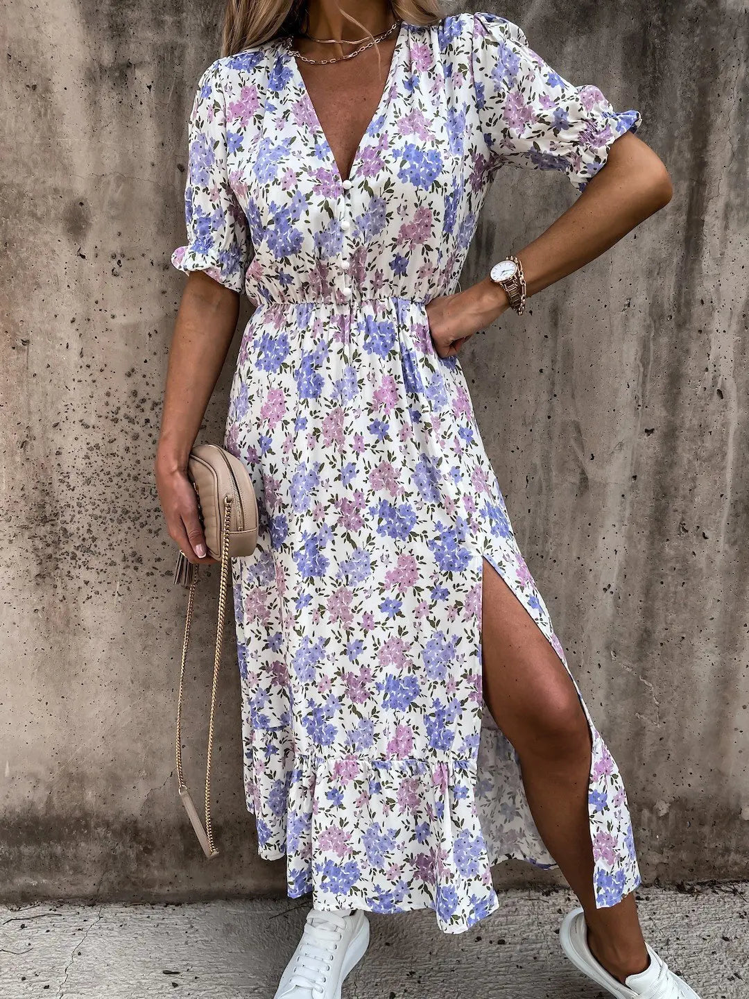 CD - Rochie maxi cu decolteu în V cu model floral