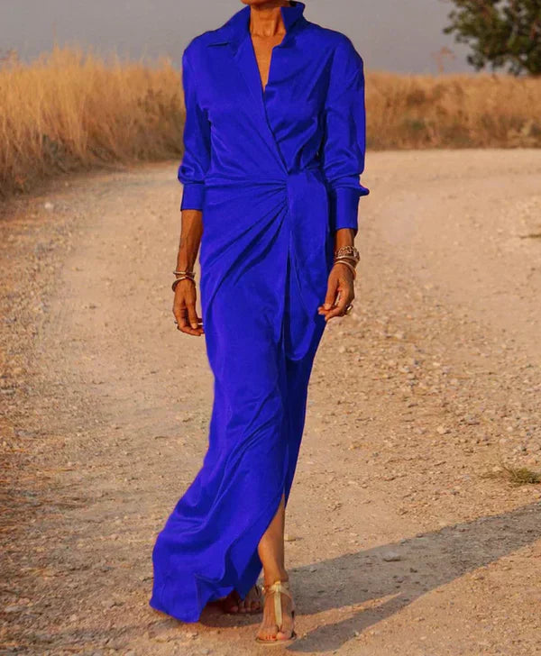CD | Rochie maxi pentru femei - aspect satinat - aspect wrap - cu guler - talie încrețită - mâneci lungi