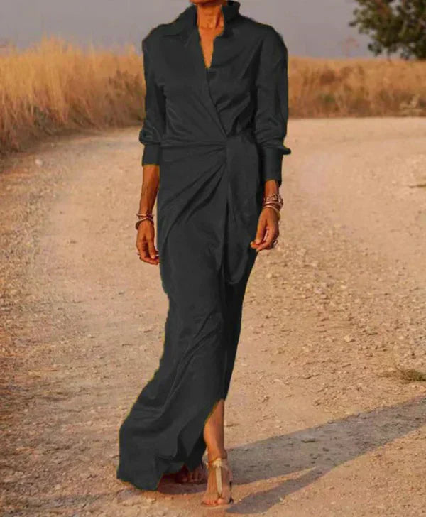 CD | Rochie maxi pentru femei - aspect satinat - aspect wrap - cu guler - talie încrețită - mâneci lungi