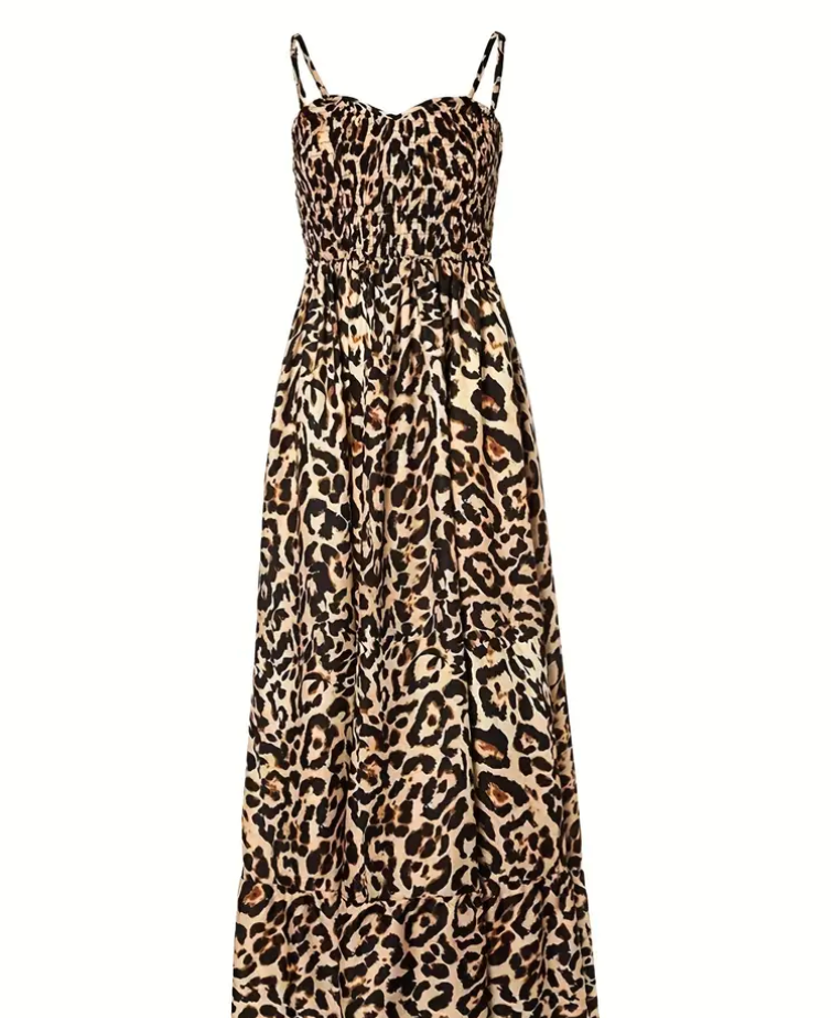 CD | Rochie maxi cu imprimeu leopard și bretele spaghetti
