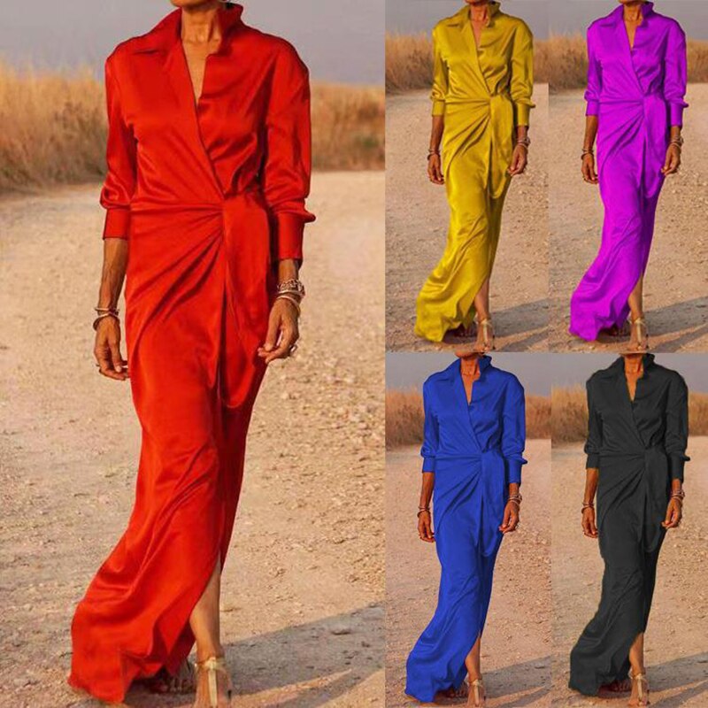 CD | Rochie maxi pentru femei - aspect satinat - aspect wrap - cu guler - talie încrețită - mâneci lungi