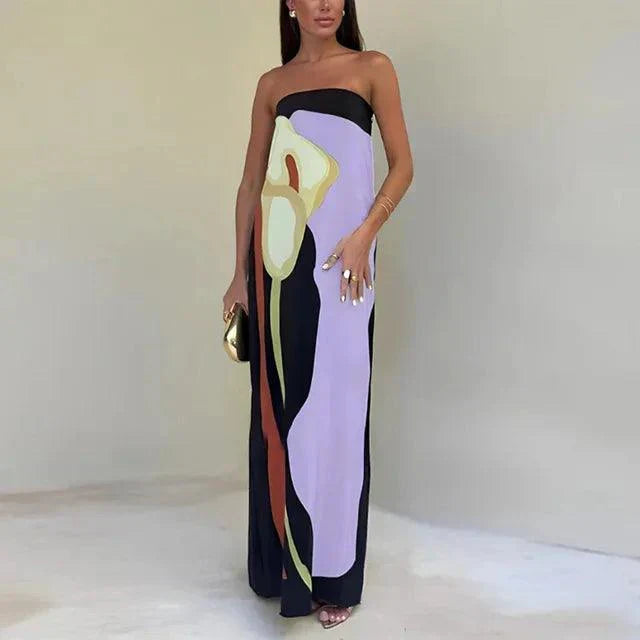 CD | Rochie maxi pentru femei - fără bretele - material ușor - siluetă coloană - imprimeu abstract