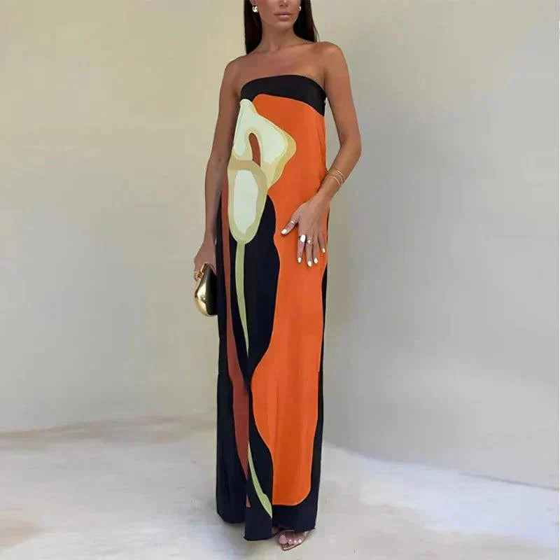 CD | Rochie maxi pentru femei - fără bretele - material ușor - siluetă coloană - imprimeu abstract