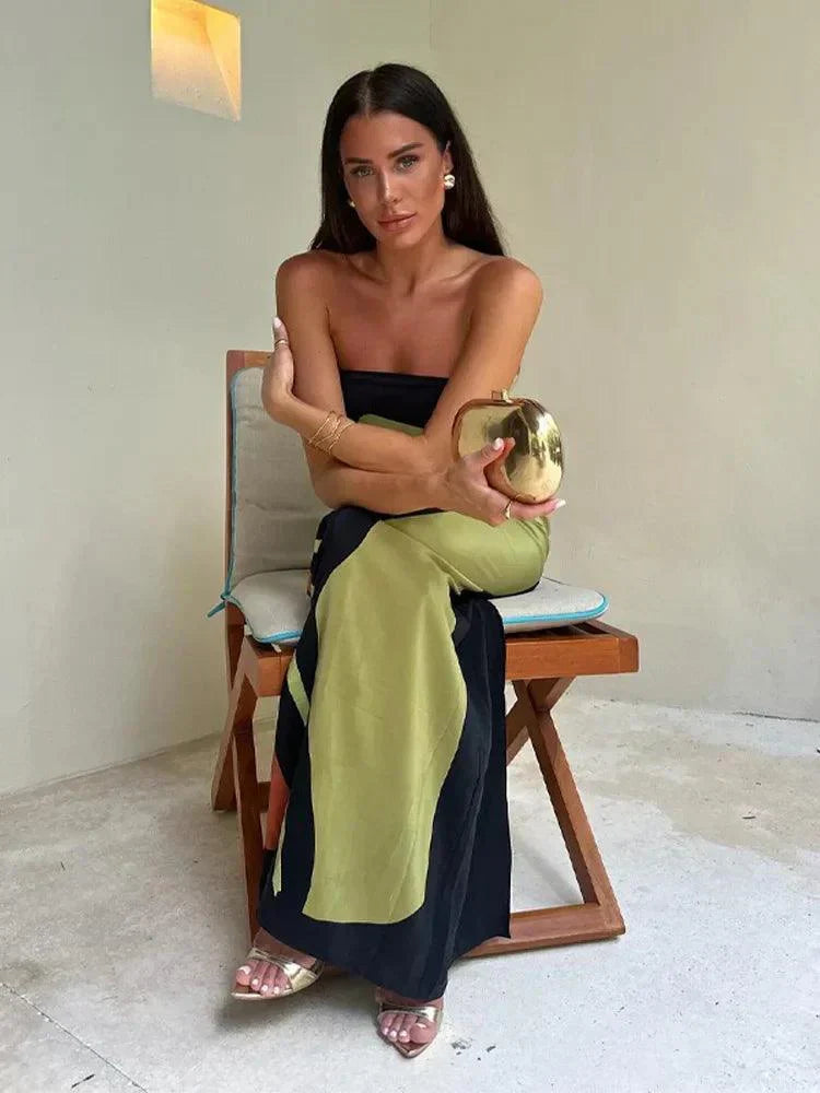 CD | Rochie maxi pentru femei - fără bretele - material ușor - siluetă coloană - imprimeu abstract