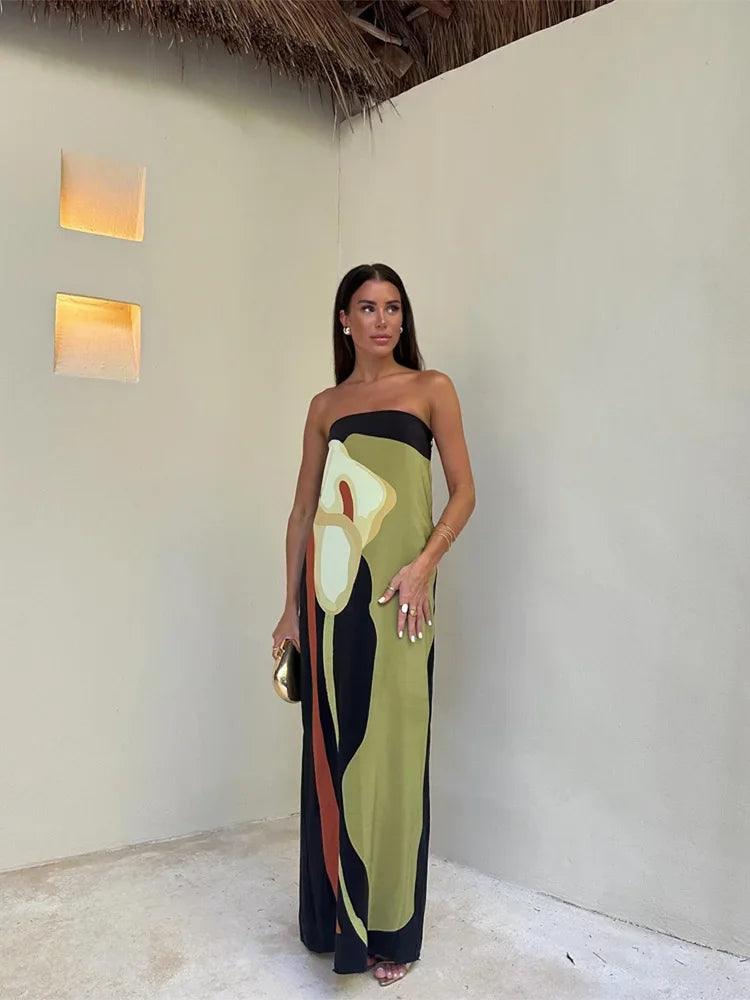 CD | Rochie maxi pentru femei - fără bretele - material ușor - siluetă coloană - imprimeu abstract