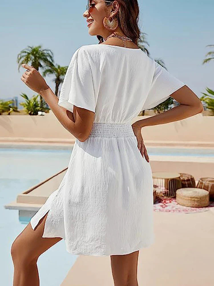 CD | 2024 Solid vrac alb rochie de plajă doamnelor boho mini rochie