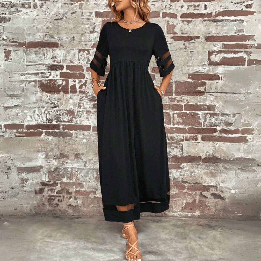 CD | Rochie maxi pentru femei - Croială fluidă - Talie Empire - Dantelă pe mâneci - Lungime până la gleznă