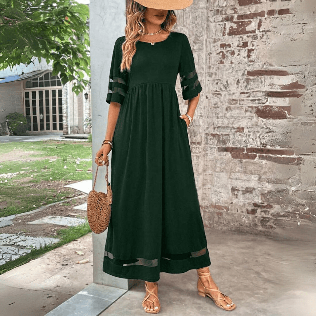 CD | Rochie maxi pentru femei - Croială fluidă - Talie Empire - Dantelă pe mâneci - Lungime până la gleznă